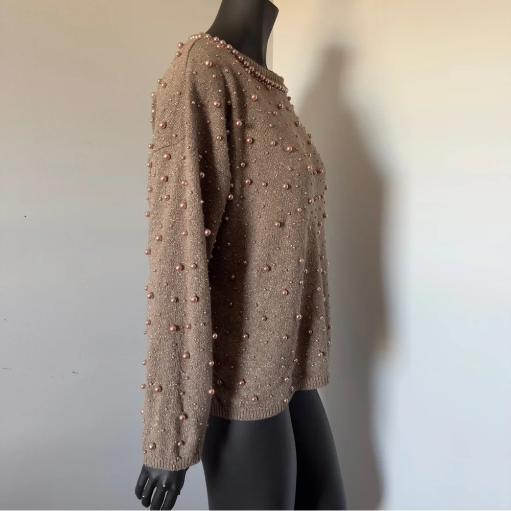 102. VTG Silk / Rabbit hair Elegant Pearl-Embellished Brown Sweater - Picture 6 of 8